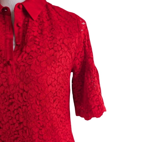 Banana Republic Red Lace Shirt Dress Size S - Bell Sleeves Collared Mini Dress - Picture 5 of 13